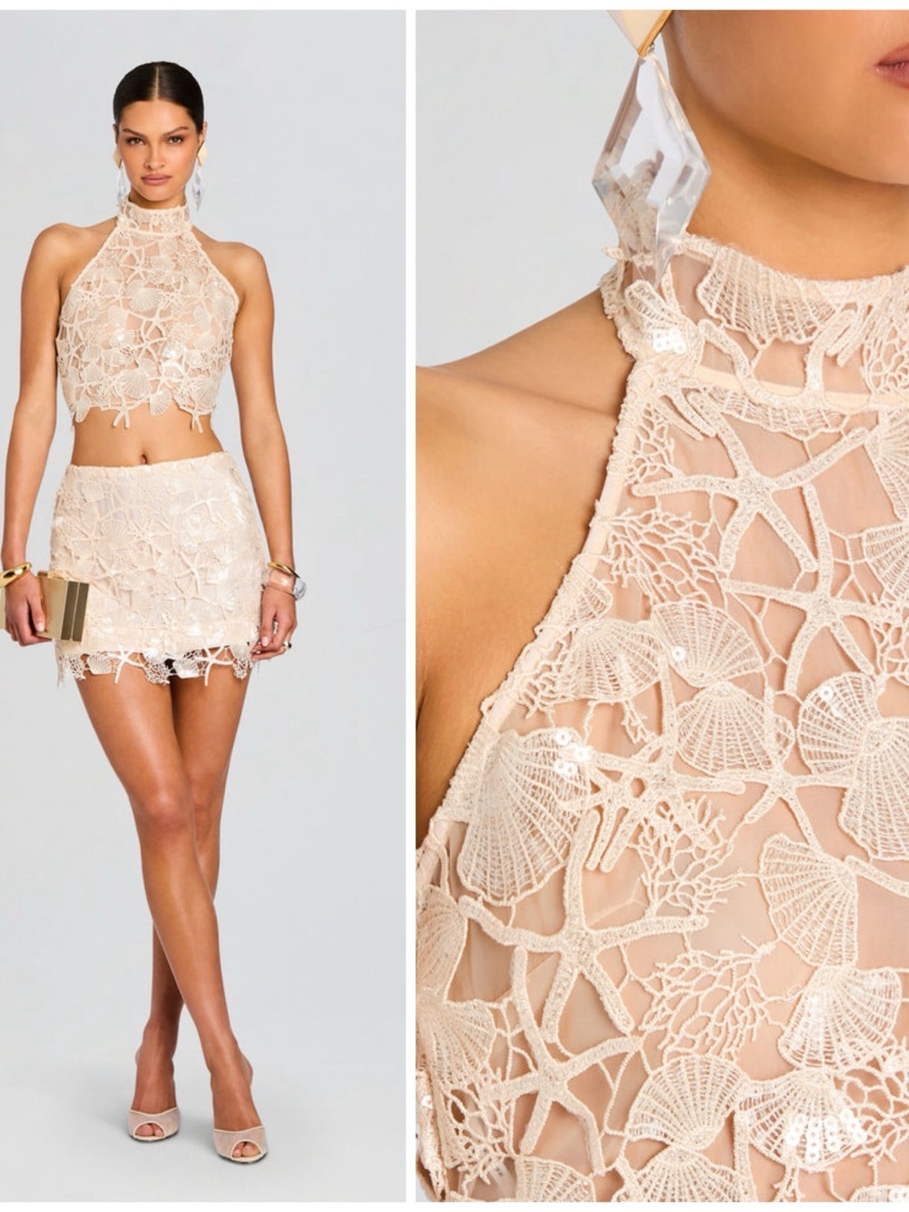 Retrofete Louelle Top & Talya Skirt Sequin Lace Seashell Beach Set Sz Women’s S